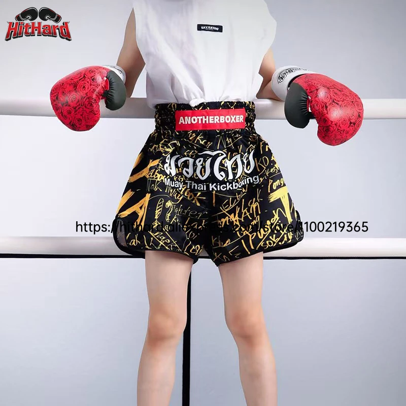Kids Satin Muay Thai Training Shorts Black Gold Graffiti Pattern Wide Leg Youth Kickboxing Fight Shorts for Gym & Competition