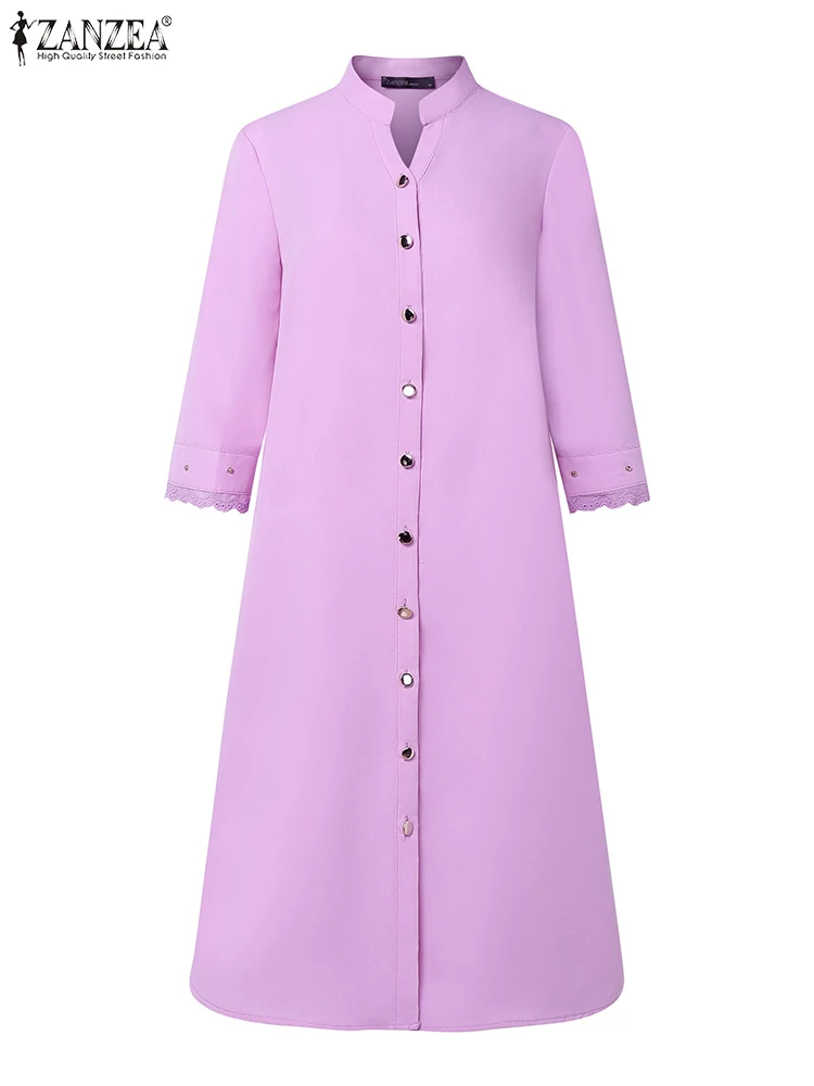 잔제아 패션 가을 셔츠 드레스 여성 2025 우아한 오피스룩 미디 드레스 V넥 3/4 소매 로브 캐주얼 버튼 다운 베스티도