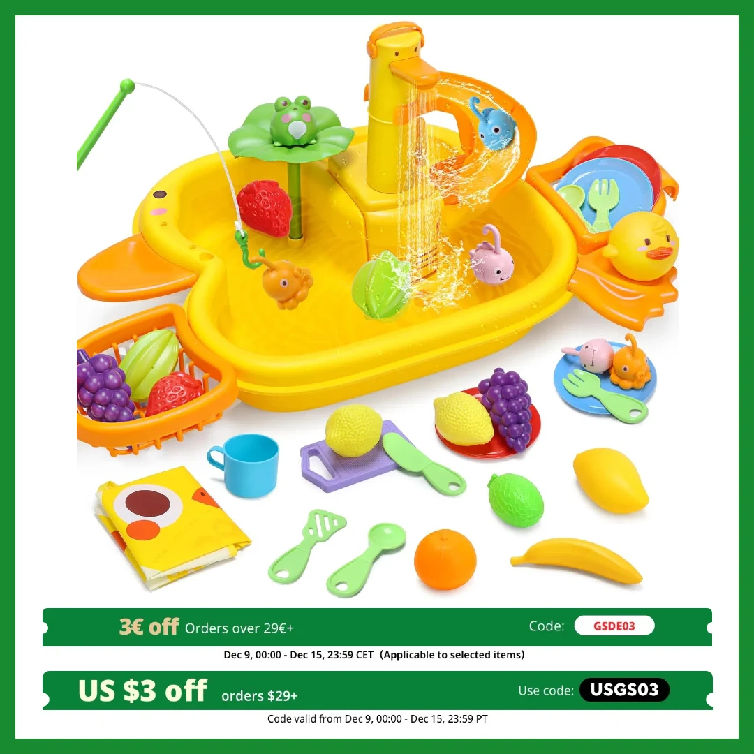 CUTE STONE Play Sink w/ Running Water & Electric Faucet, Kids Pretend Kitchen Toys