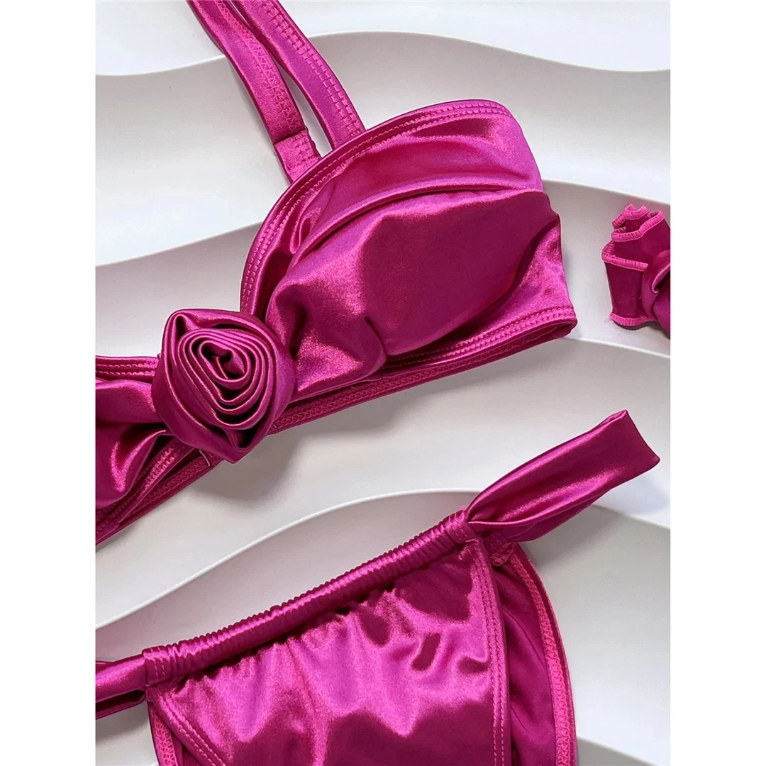 Bikini de corte de pierna alta con Collar para mujer, traje de baño de dos piezas con flores en 3D, 2024