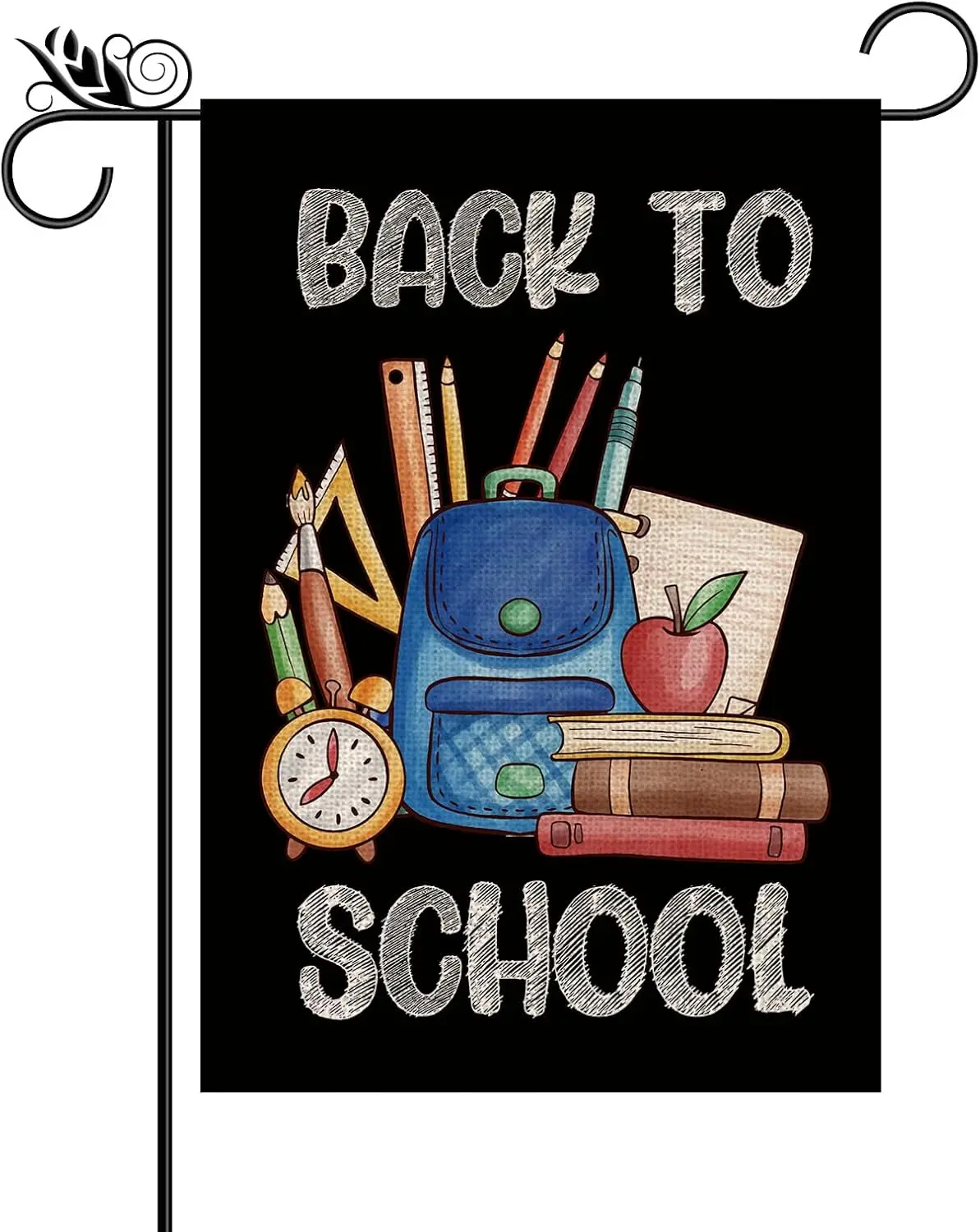 Back to School Garden Flag Pencil Book Alarm Clock Schoolbag Burlap Black Flag Double Sided First Day to School Outside Yard Law