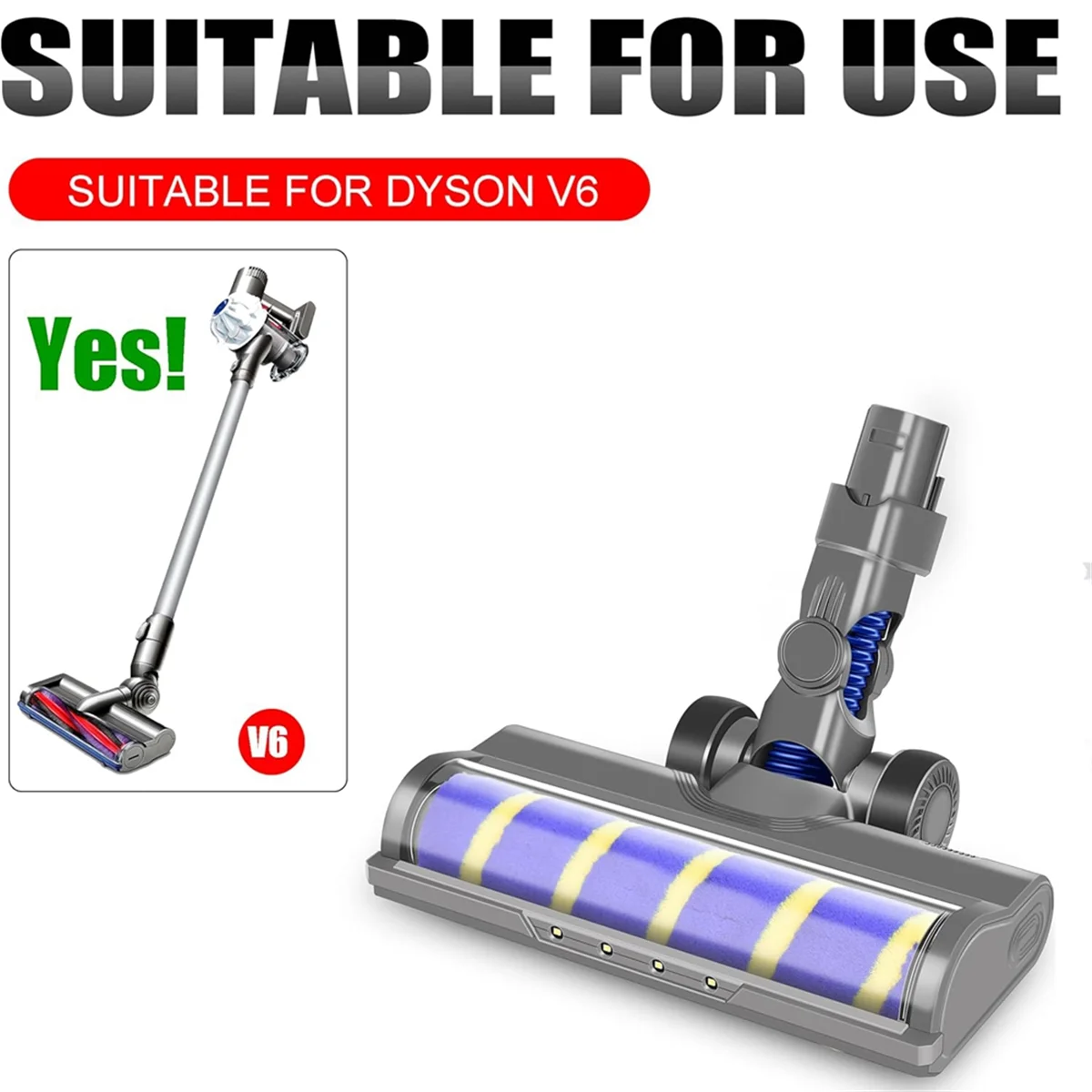 Electric Motor Brush Turbo for V6 DC62 DC58 Brush Roll with Soft Bristle for Parquet Tiles with LED Light