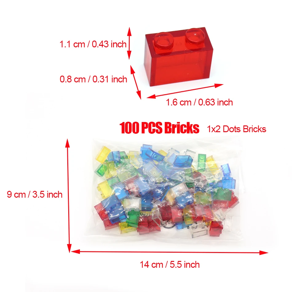 100PCS MOC Transparent 1x2 Dots Thick Building Blocks Classic DIY Bricks Accessories Parts Toys for Children