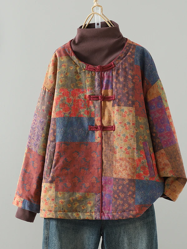 

Vintage Large Size Cotton Jaet with Button Print Design Midlife Women's Outerwear Thiened Long Sve Regular Fit Coat