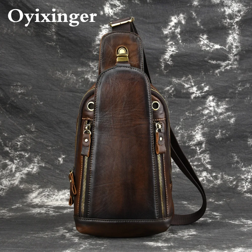 OYIXINGER Genuine Leather Chest Bags For Men Crossbody Bag Vintage Distressed Men's Retro Bag Leisure Hand Rubbing Bags For Male