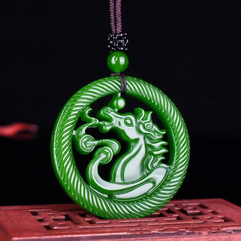 Natural Green Handmade Double-sided Carving Hollow Zodiac Horse Jade Pendant Fashion Boutique Jewelry 12 Zodiac Horse Necklace