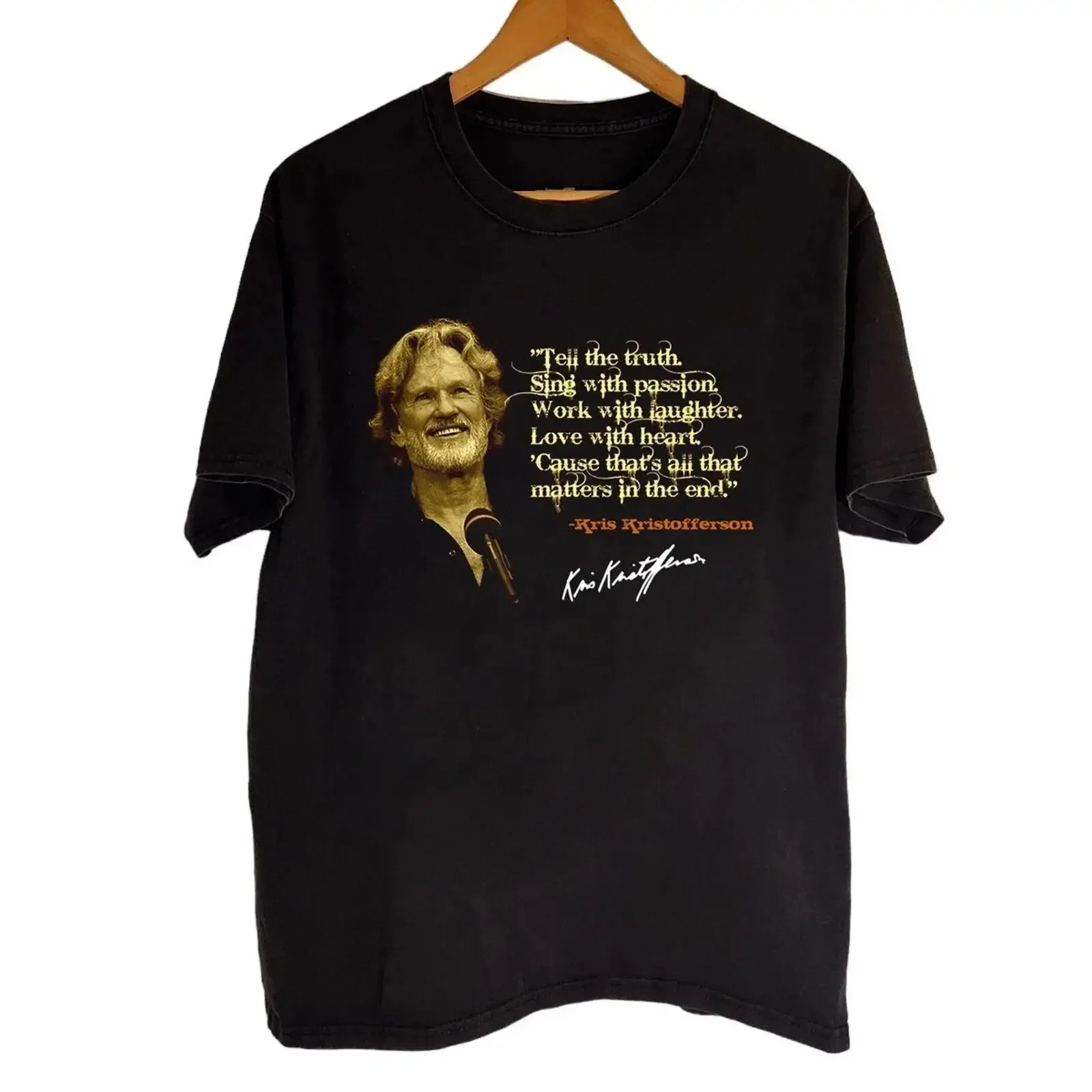 NEU Kris Kristofferson Zitat kurzärmliges schwarzes Hemd 24D549 vintage Washed Top For Everyday Wear Casual Stylish Stretched
