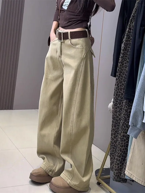 

Джинсы цвета хаки с широкими штанинами на флисовой подкладке, женские, осенне-зимние, новый дизайн, прямые, удлиненные, с высокой талией, на молнии