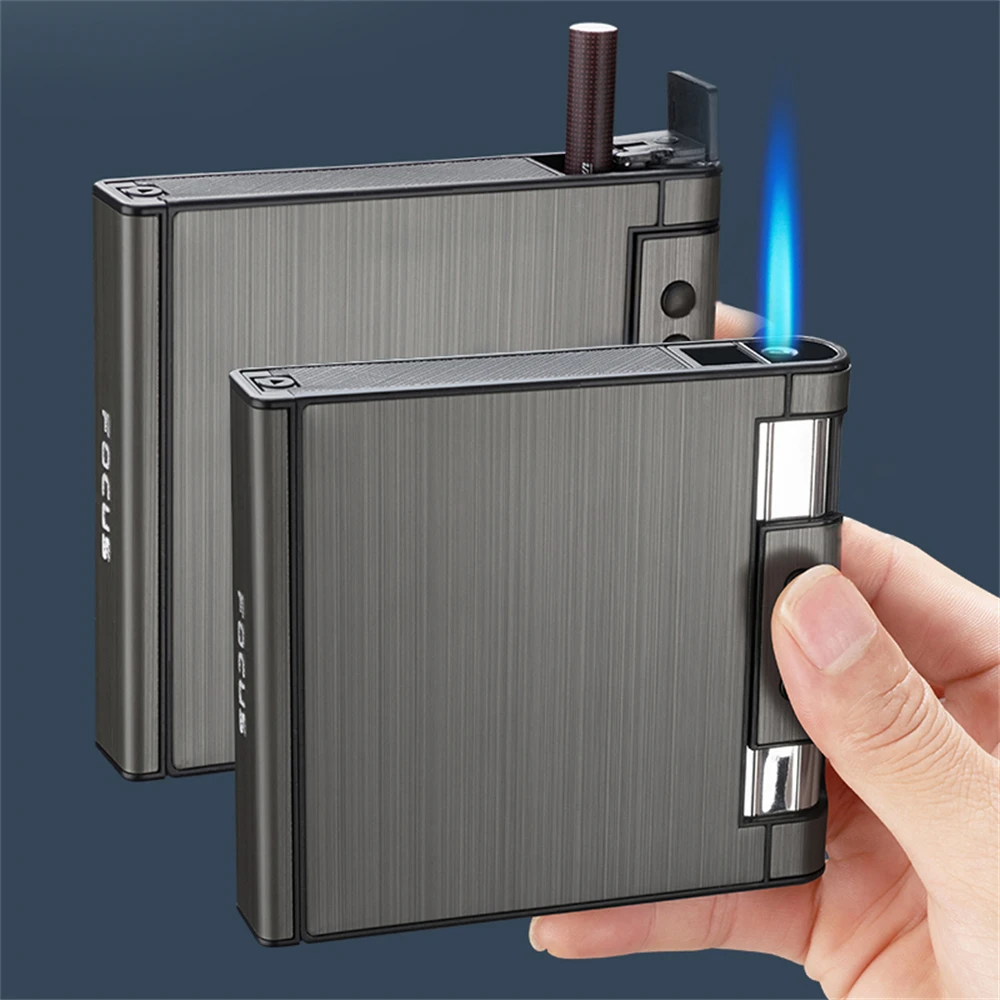 Metal Cigarette Case Lighter Large Capacity Cigarette Case with Inflatable Lighter Can Hold 20 Packs Cigarette Case Men\'s Gift