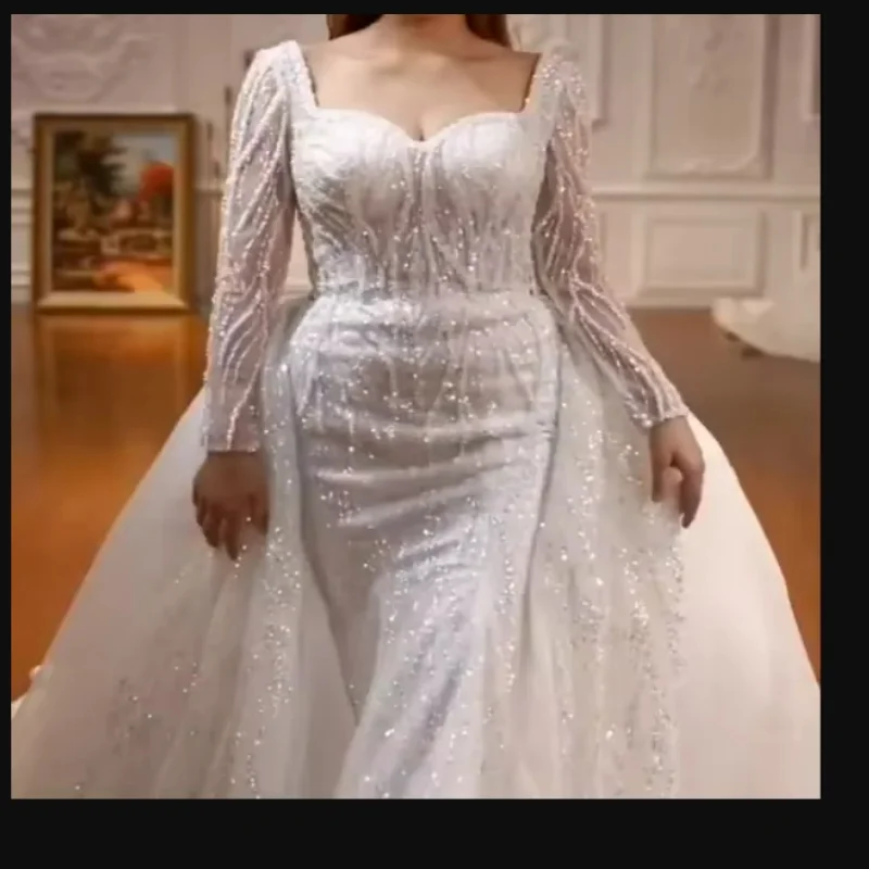 Customized Square Neck Sparkly Heavy Beads Sequins Wedding Dress with Removable Skirt Robe De Marriage Long Sleeves Bridal Gowns