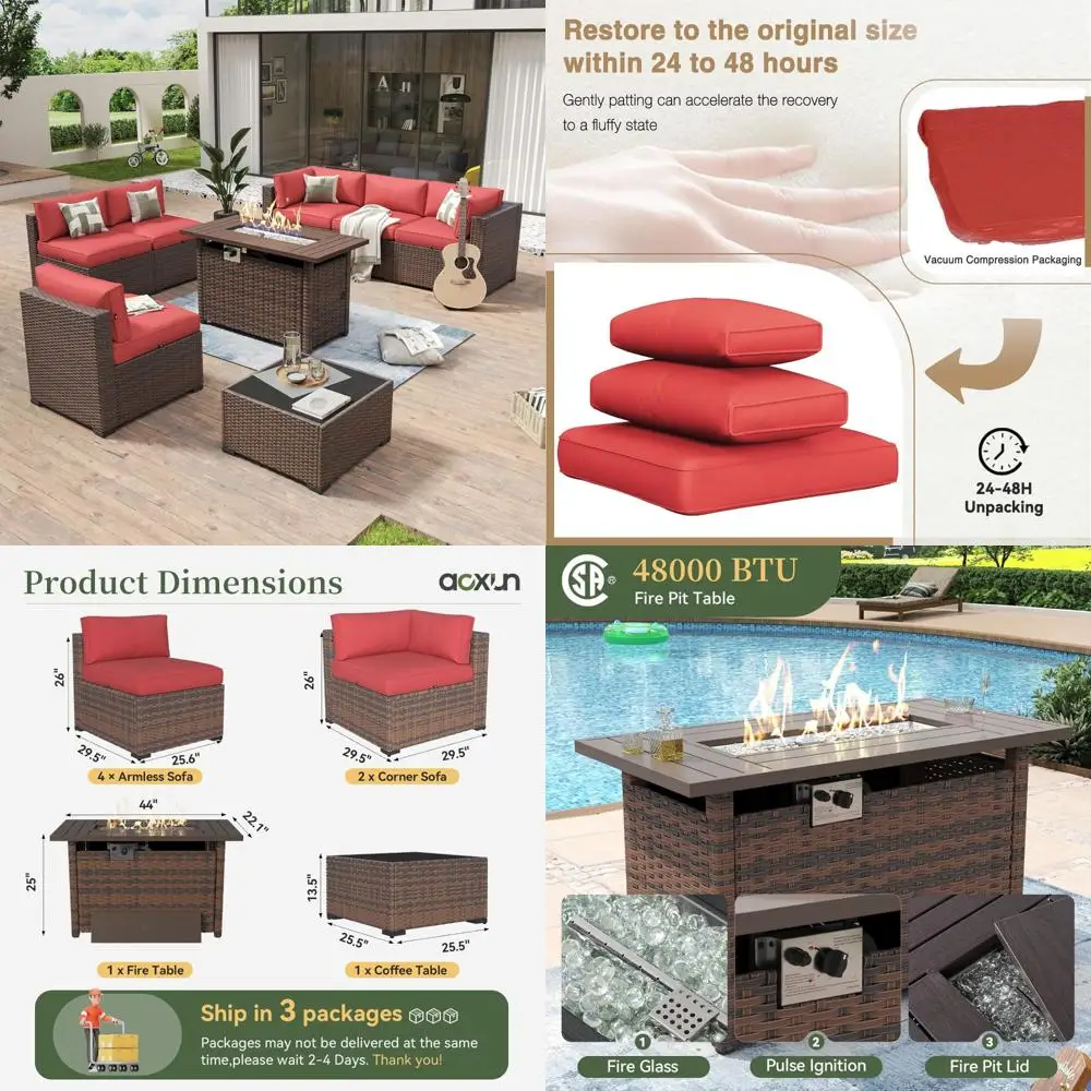 8-Piece Outdoor Patio Furniture Set with 44 Fire Pit Table, Wicker Rattan Sectional Sofa, and Coffee Table