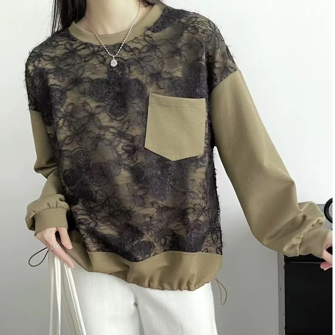 

lace up waist women sweatshirts lady spring lace deco pullovers