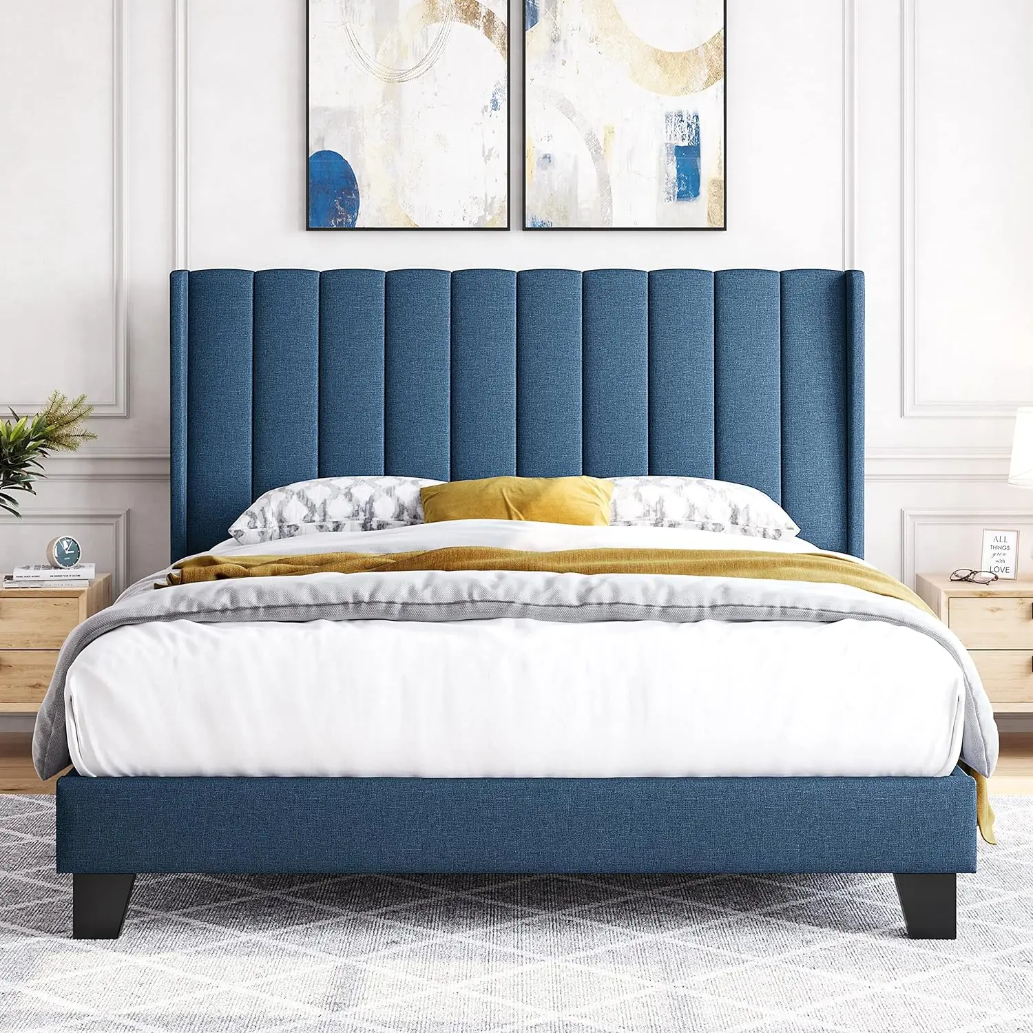 Full Size Bed Frame, Upholstered Platform Bed with Wing Edge Headboard, Square Tufted Fabric/Mattress Foundation