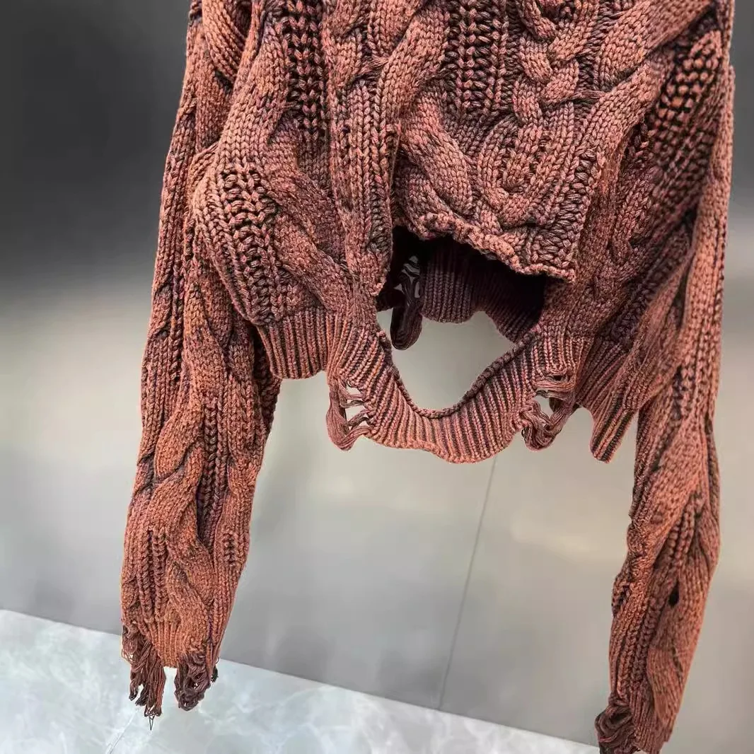 Pull tricoté à manches longues et col rond, ample, avec trous délavés, mode de rue, automne hiver 2025