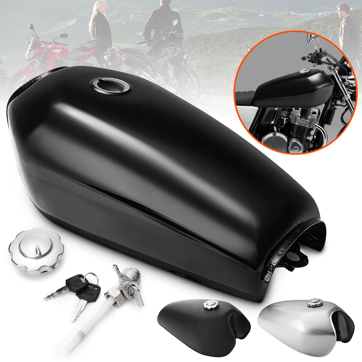 Motorcycle 9L Vintage Gas Tank Cafe Racer Vintage Fuel Tank with Cap Switch For Honda CG125 CG125S Silver / Black