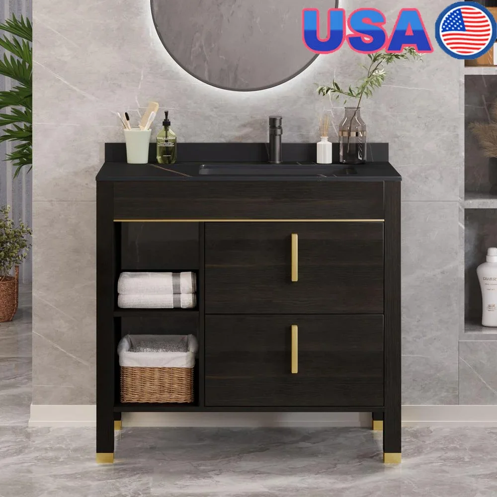 36 Inch Bathroom Vanity Sink Combo Freestanding Storage Cabinet Sintered Stone Countertop Acrylic Basin Elegant Design Moisture