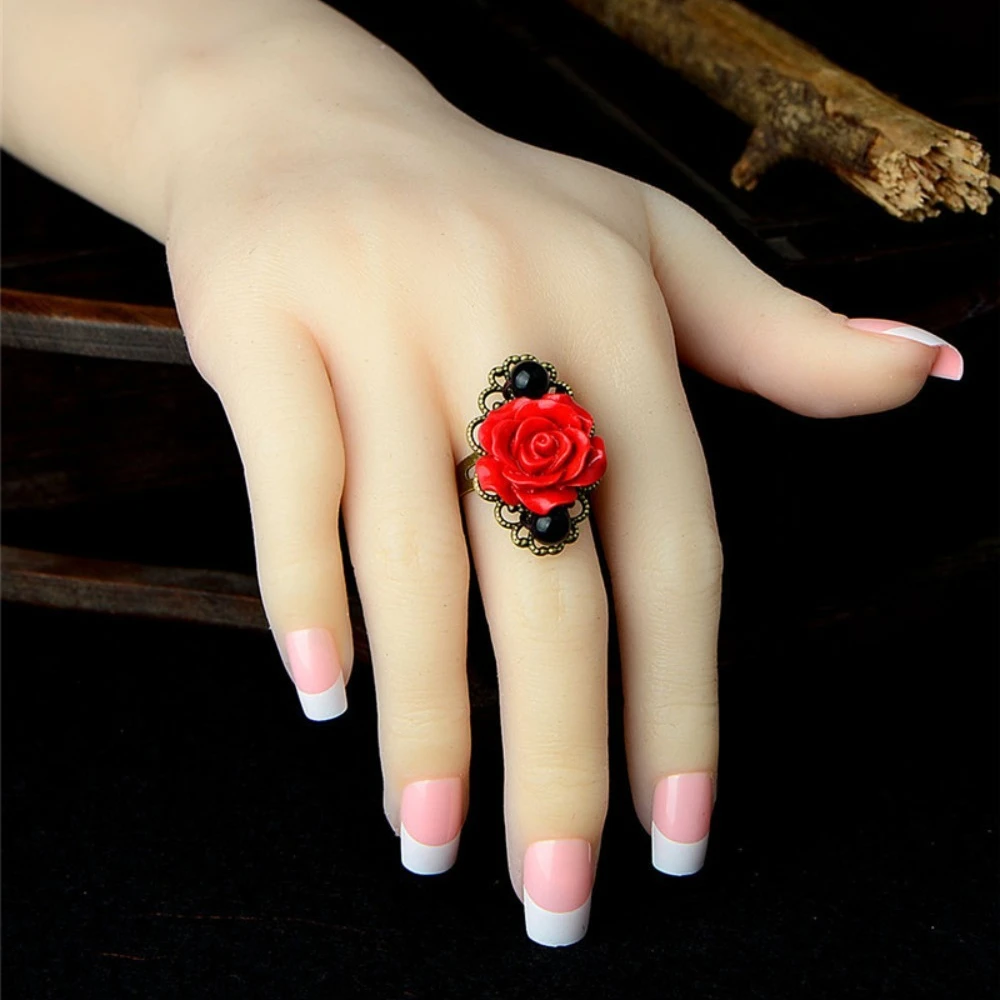 Retro Gothic Stainless Steel Bronze Color Ring Setting Stereo Sunflower Red Roses Flower Adjustable Rings for Women Jewelry Gift