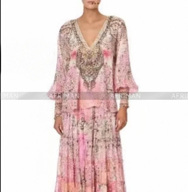 Women New V Neck Crystal Beaded Retro Print Long Sleeve Loose Silk Blouse+ Elastic High Waist Maxi Long Silk Skirt Set