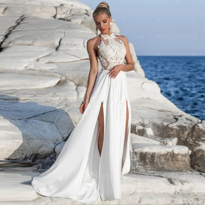 

Halter Neck Illusion Chiffon Wedding Dress Beach High Slit Lace Appliques Bride Gowns Open Back Beaded Boho Beach Bridal Gowns