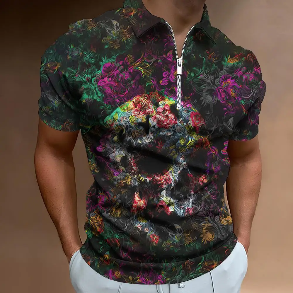 

Vintage Skull Printed Men's Polo Shirts Half Zip Up Luxury Full Graphic Polo Shirt For Men Summer Short Sleeve Men's Clothing