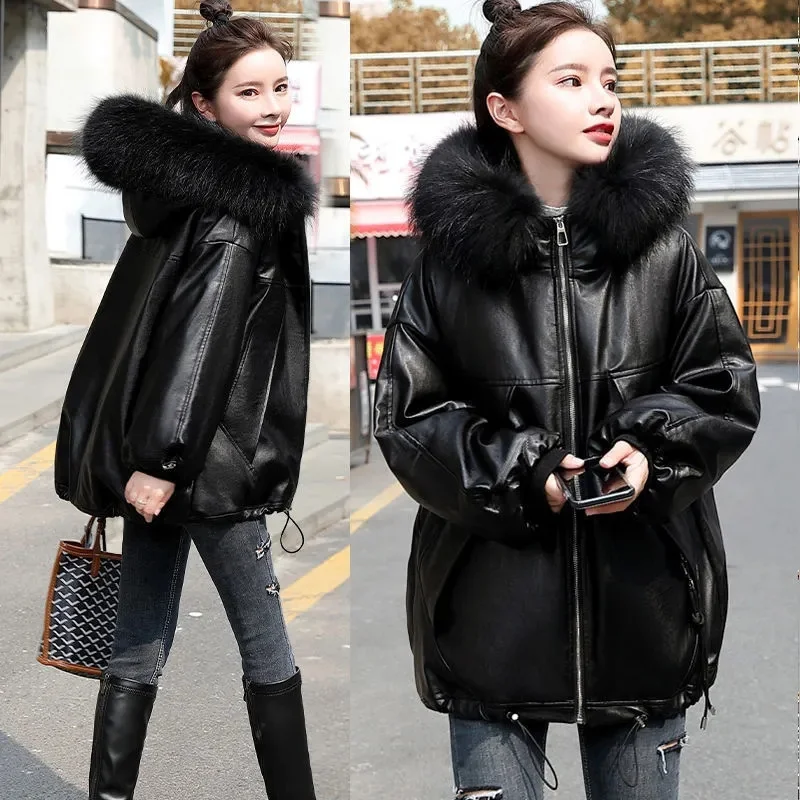 Women\'s Leather Cotton Coat Parka 2023 New Winter Jackets Short Hooded Warm Windproof Motorcycle Outerwear Leather Clothing