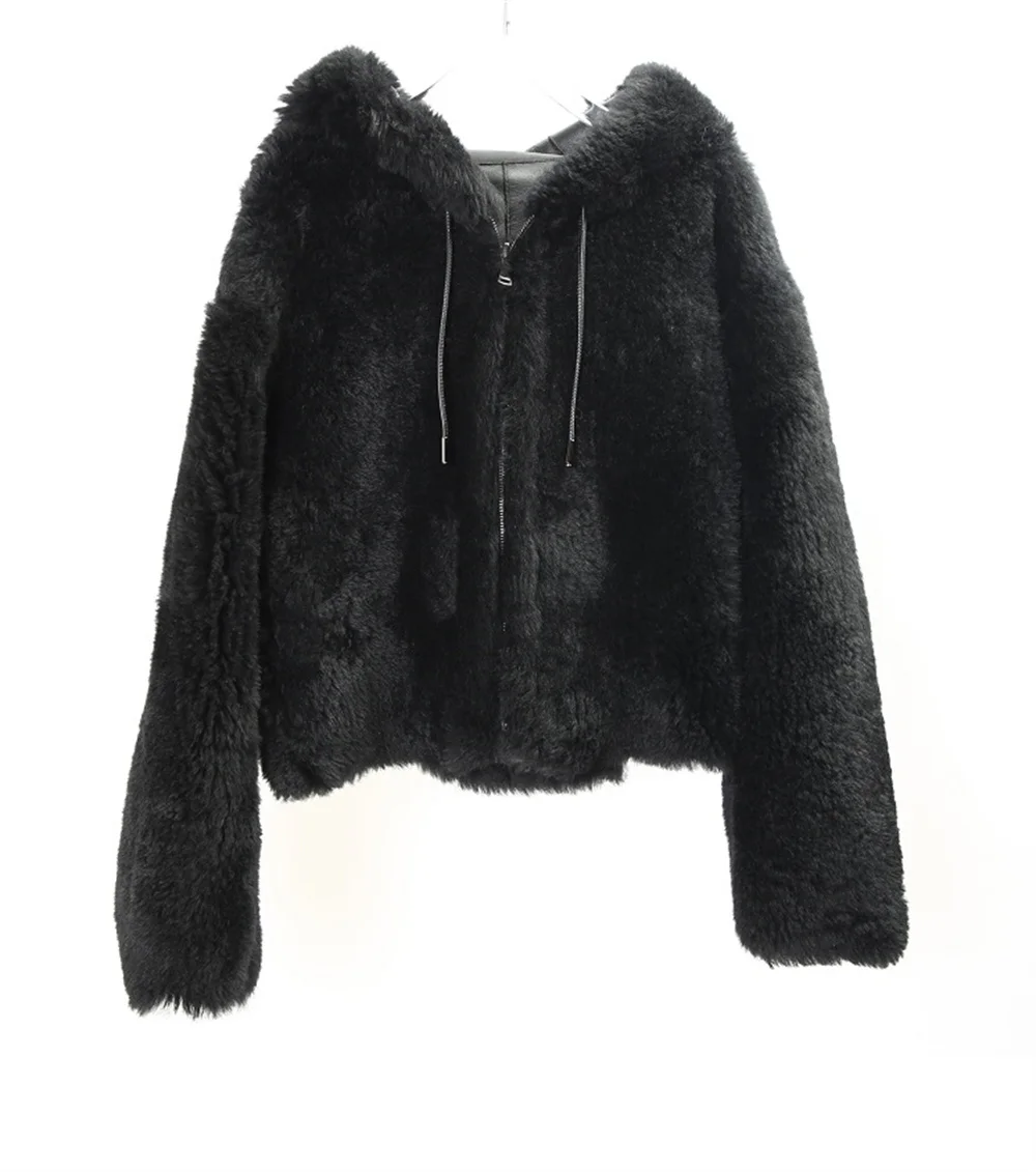 only black color 2024 Mongolia Bazaar Lamb Fur Shearling Jacket Women Casual Hooded Winter Real Fur Clothes