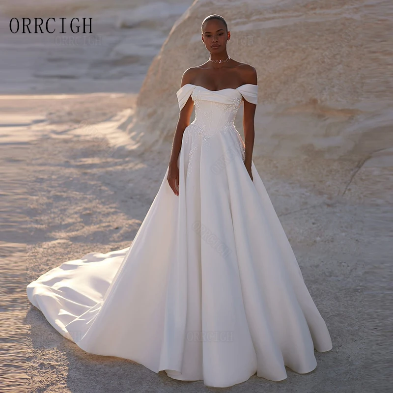 Off Shoulder Satin Wedding Dresses for Bride Sweep Train with Lace Applique Backless Bridal Gown Customizable Plus Size