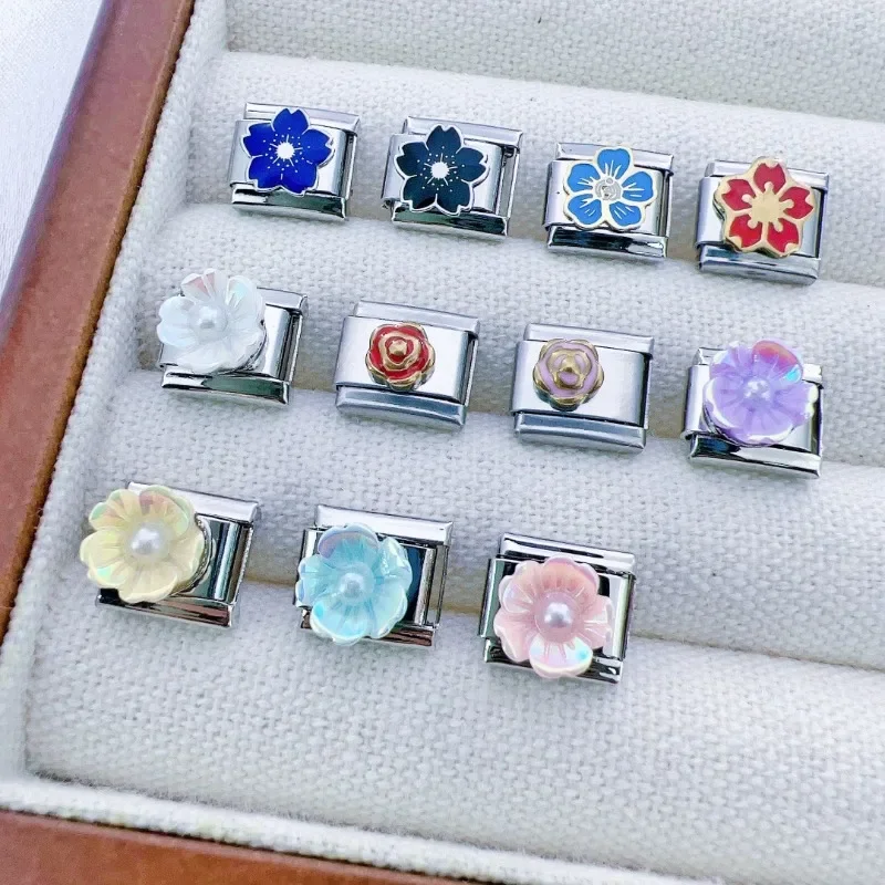 2024 신상 여성용 화려한 꽃무늬 탄성 이탈리아 참 링크 9mm 스테인리스 스틸 모듈식 팔찌 제작용 쥬얼리