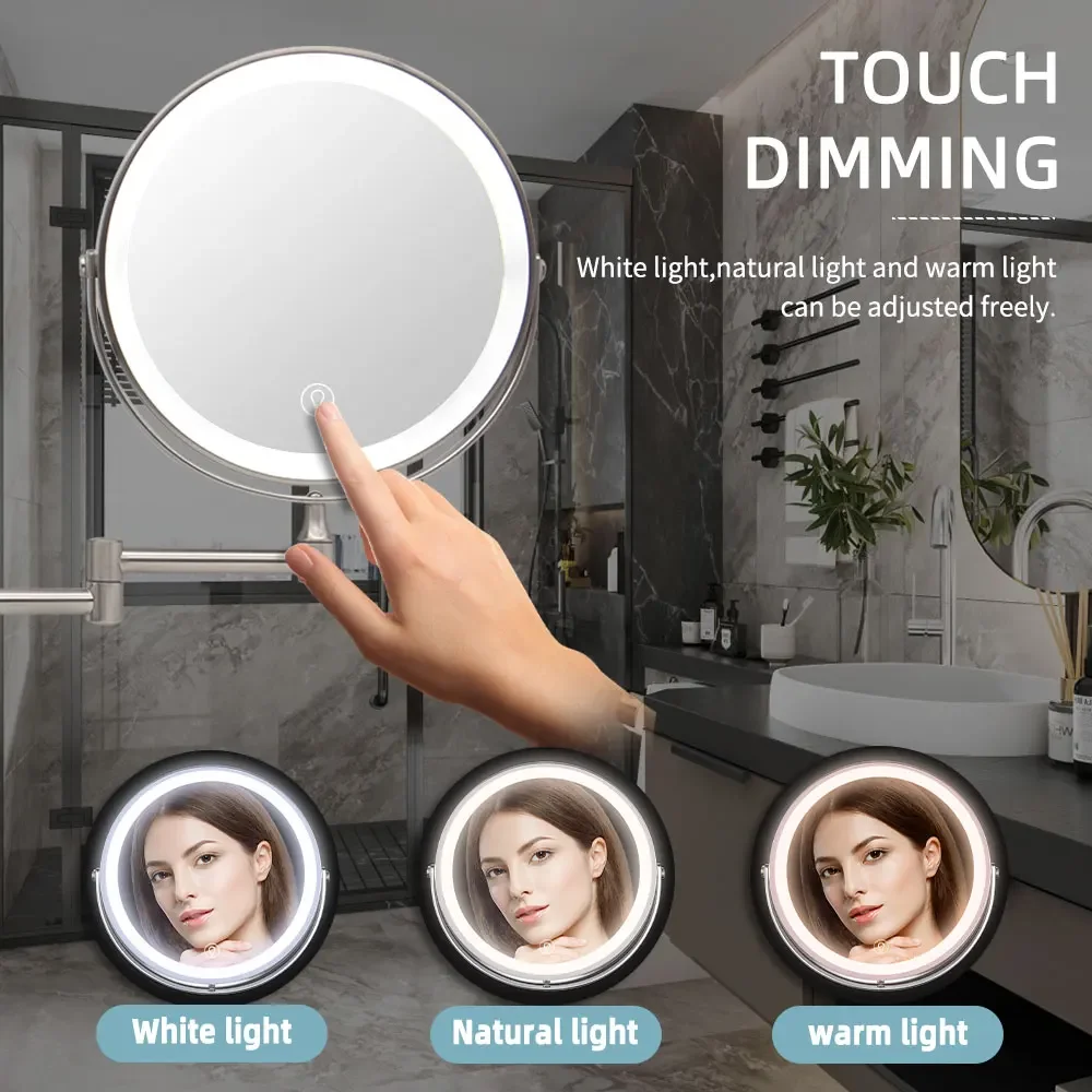 2025New 8 Inch Makeup Mirror Chrome 10x Magnifying Double Side USB Charging Bathroom 3 Color Light Smart Cosmetic Mirrors Makeup