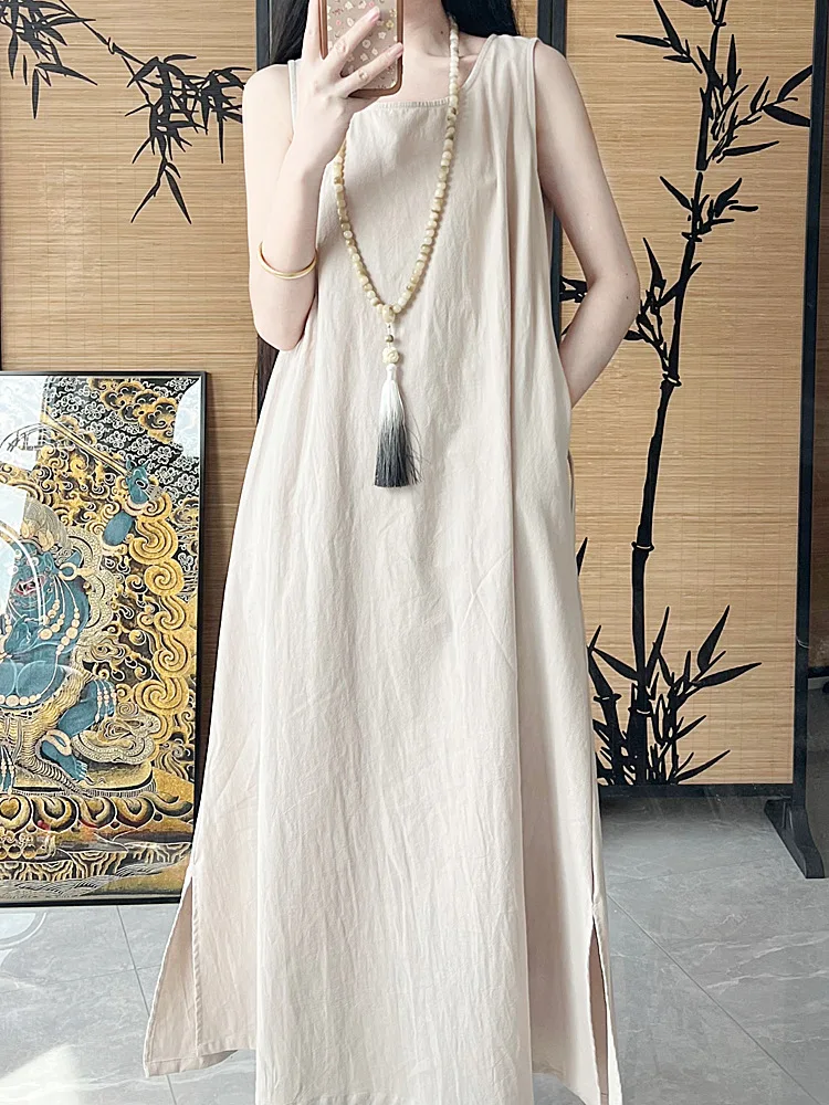 Conjunto de cardigã estilo chinês com vestido ramie sem mangas com renda e jaqueta de fio de algodão para uma sensação fresca e refrescante