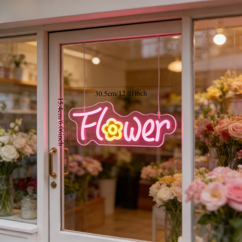 Pink Flower Neon Sign with Floral Romantic Home Decor for Bedroom Wedding Living Room Floral Shop LED Wall Art Lighting Gift