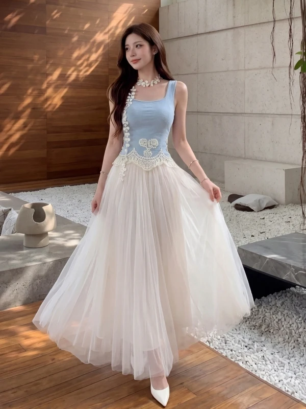

Summer Women's Halter Vest Mesh Skirt Two-Piece Set High Waist Midi Skirt Flared Long Skirt Breathable Comfortable Casual Fas...