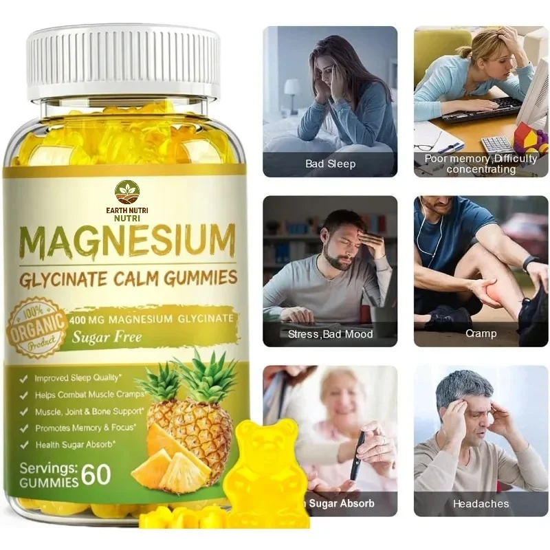 400mg Magnesium Glycinate Gummies Containing Taurine, Vitamin D, B6, Coenzyme Q10, Magnesium Malate  60 Gummies