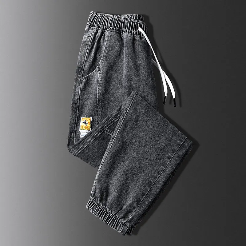 Casual Loose Fit Men's Denim Jeans Trendy Brand Elastic Waist Cargo Pants Spring Autumn Sle Turn up Cuff Nine Points Trousers
