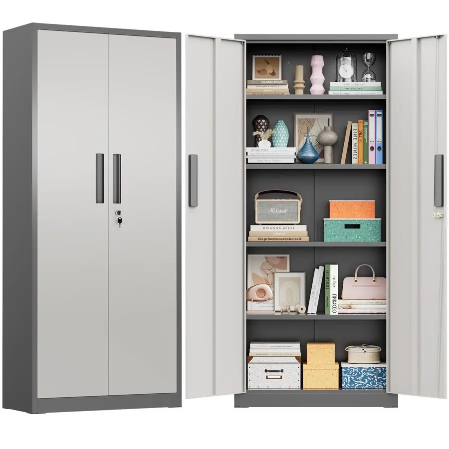 63 Lockable Steel Storage Cabinet, Locking Metal Storage Cabinets, Tall White Grey Cabinet with 2 Doors and 4 Adjustable Shelves