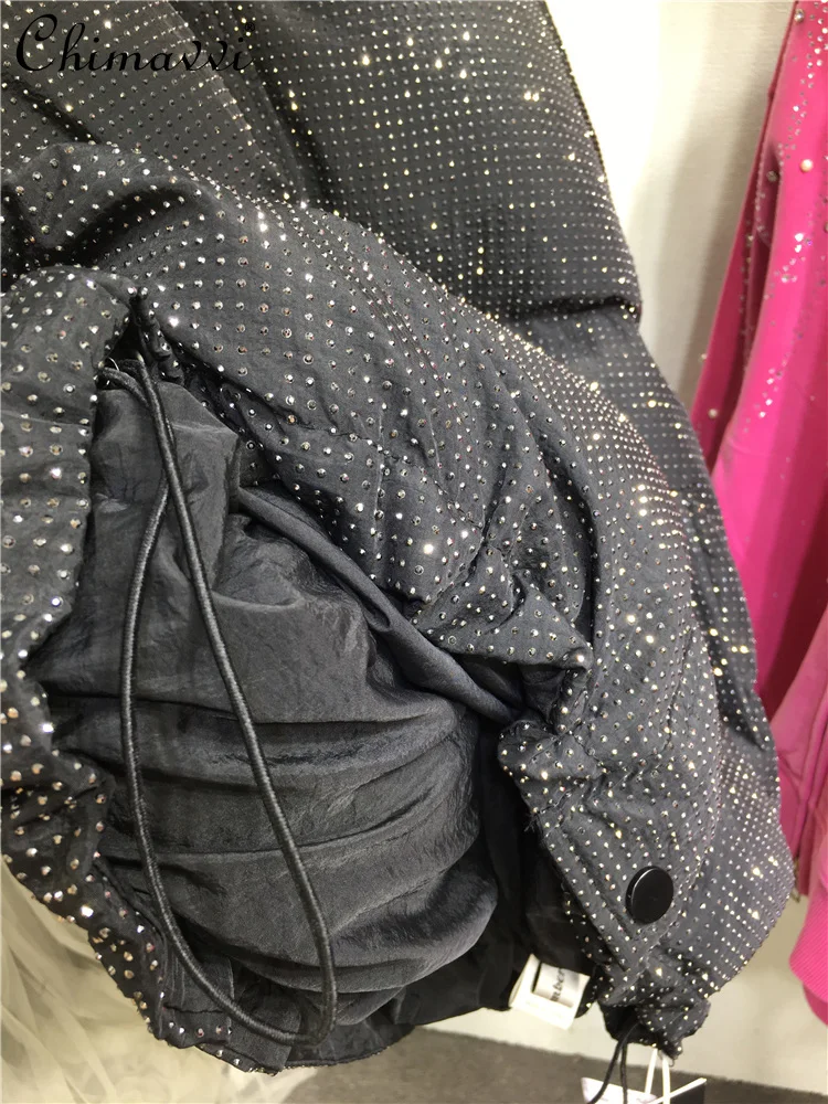 Heavy Thickened Quilted Jacket Full Diamond Hooded Coat Warm Jacket Winter New Fashion Long Sleeve Elegant Mid-length Black Coat