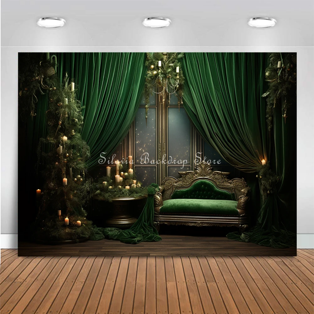 Vintage Room Photo Background Cloth Photography Backdrop Green Wall Fireplace Wreath Christmas Tree Bell Decor Merry Xmas Theme