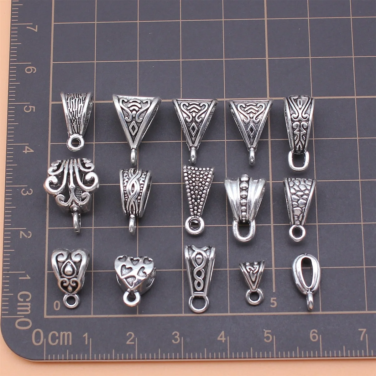 15pcs Antique Silver Color Inverted Triangle Tee Bails Beads Charms Collection For DIY Jewelry Making, 15 Styles, 1 of Each