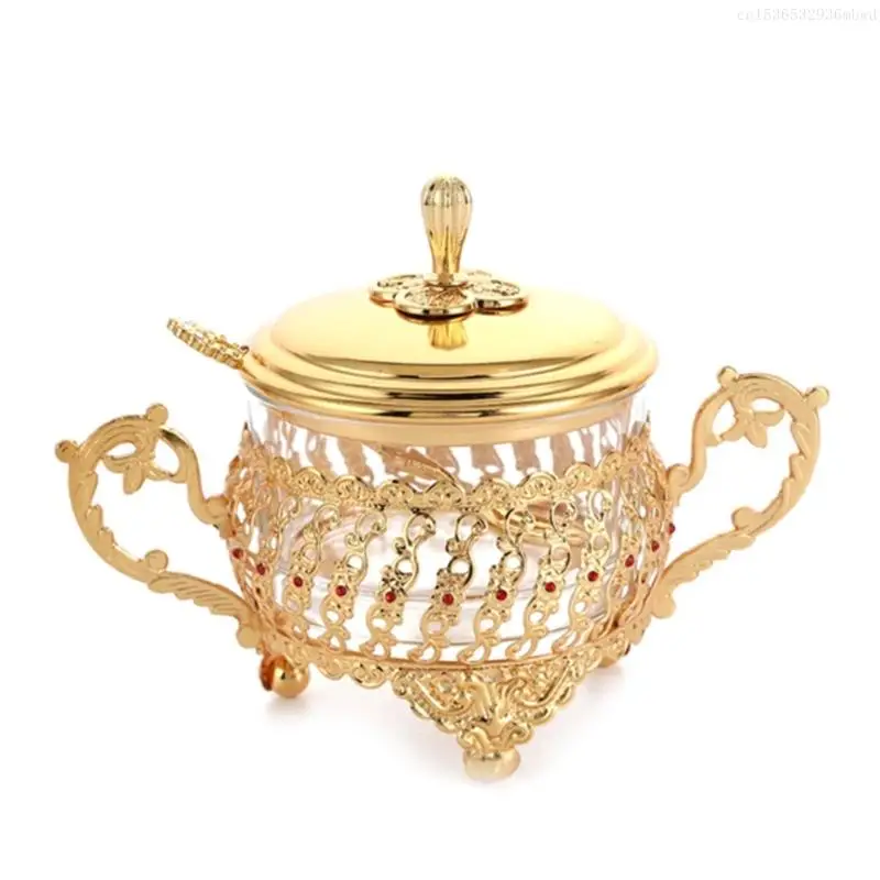 

European Glass Alloy Sugar Bowl with Lid and Spoon Luxury Salt Pot Pepper Storage Seasoning Jar Coffee Accessories F0T4