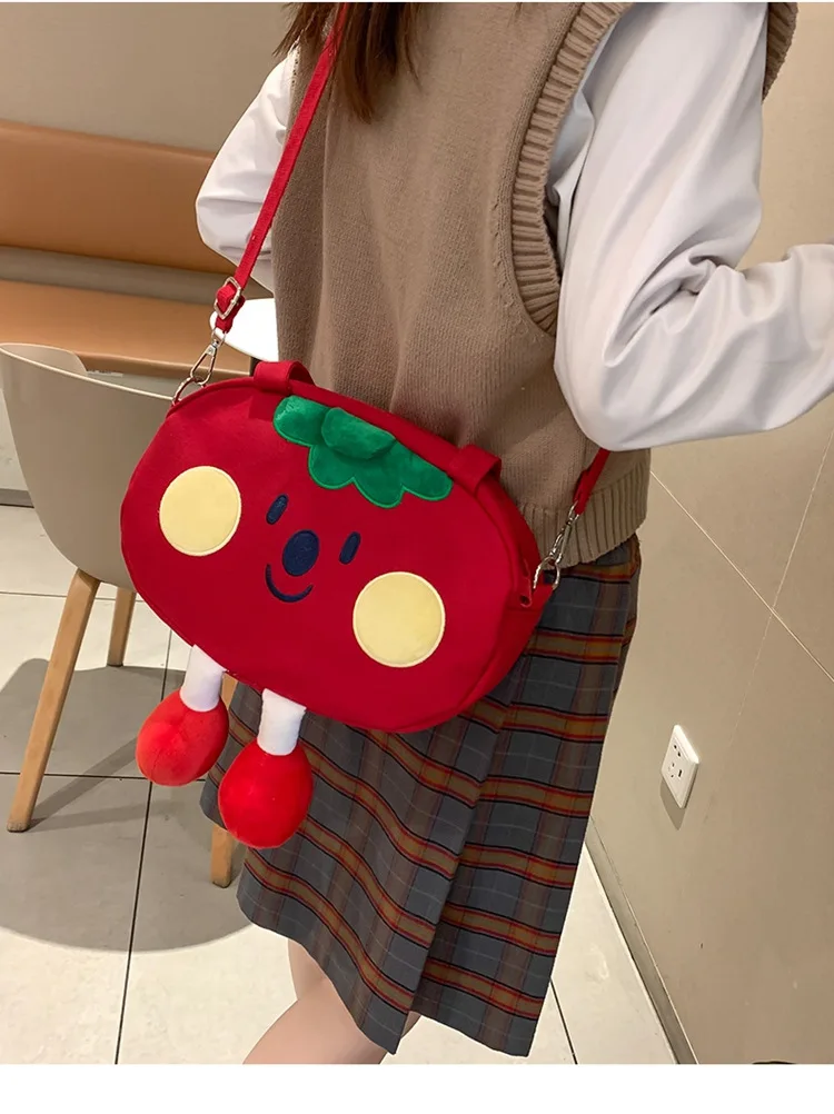 Kawaii Cartoon Canvas Women Crossbody Bag Large Capacity Shoulder Bag Tomato Mung Been Shape Big Tote New Cute Girl Shopping Bag