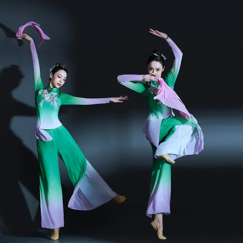 Chinese Tradition Hanfu Classical Dance Costume Female Yangko Clothing Chiffon Gradient Applique National Stage Performance Suit