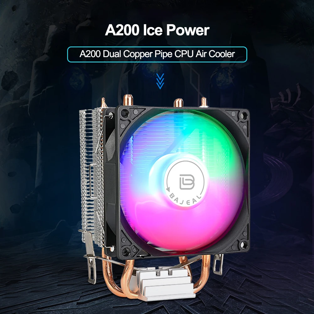 A200 90mm CPU Cooler Radiator with 2 Heat Pipes CPU Air Cooler Rainbow RGB Cooling Fan for Intel LGA775 1150/1151/1155/1156/1200