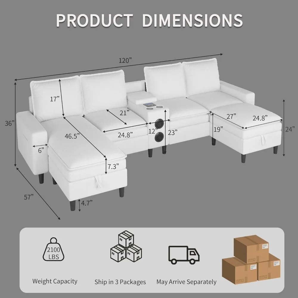 أرائك مقطعية لغرفة المعيشة، أريكة مقطعية مكونة من 4 مقاعد مع وحدة ذكية - مكبر صوت بلوتوث / ضوء RGB / محطة شحن #3
