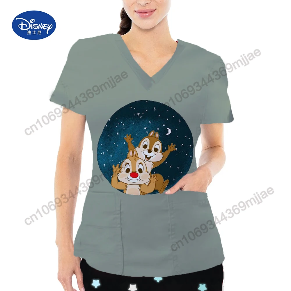 Disney Women\'s T-shirt for Women Clothing 2024 New Cartoon pattern Nurse Uniform Doubet Pocket Tops Y2k Design style T-shirt