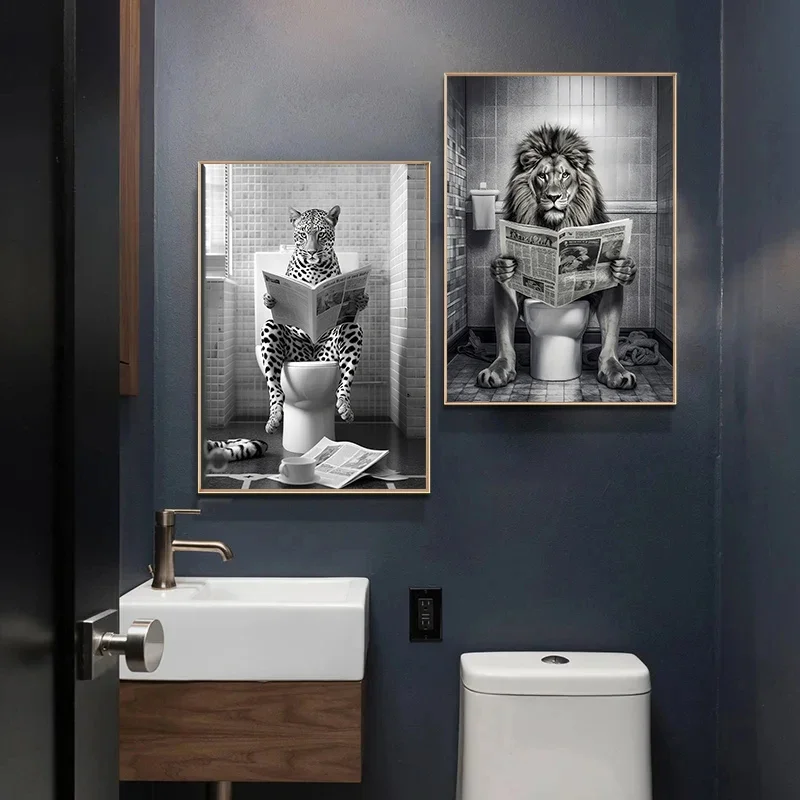 Funny Bathroom Tiger Cow Sitting on Toilet Reading Newspaper Poster Modern Wall Art HD Picture Canvas Print For Room Home Decor