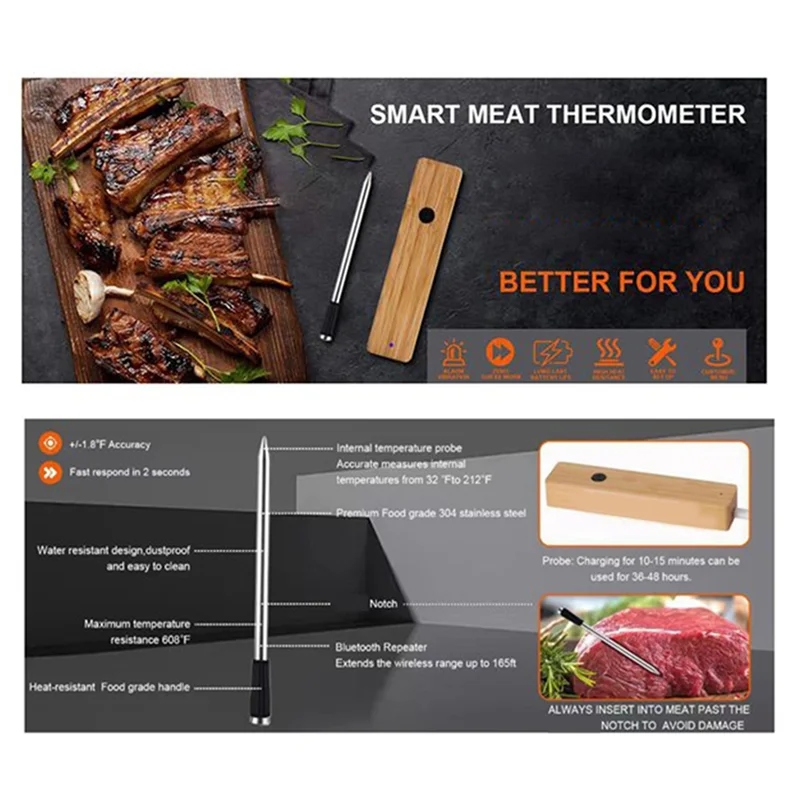 THIVN-Sometro per carne wireless Forbbq Cottura Termometro per alimenti Bluetooth impermeabile Termometro per alimenti Termometro per carne