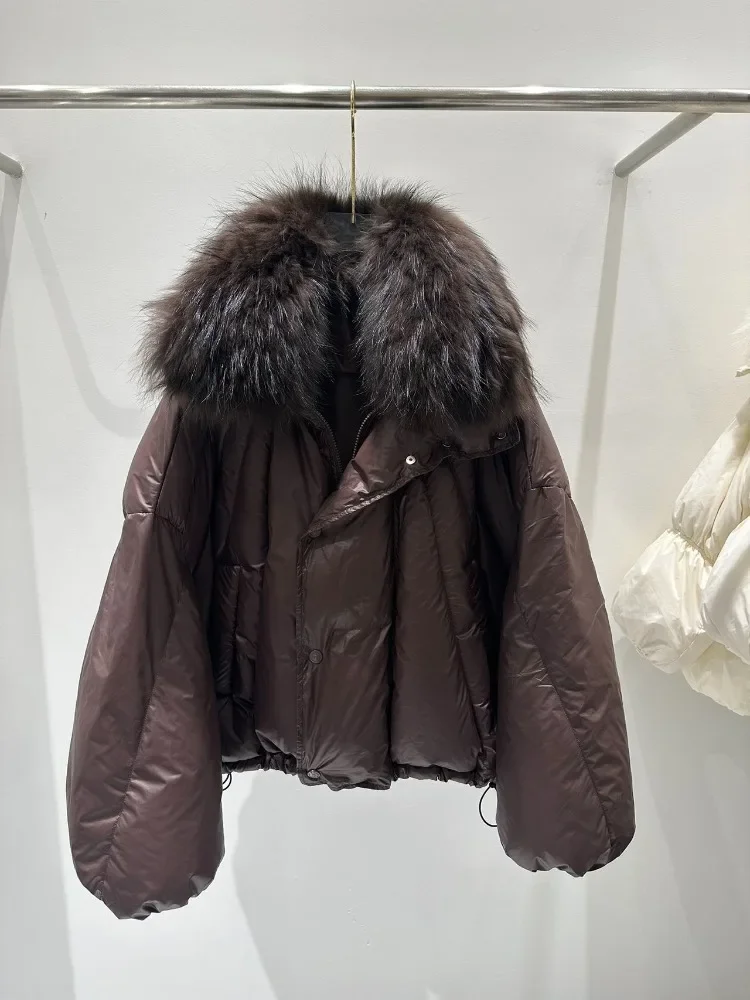 

Reality Fur Coat puffer Jacket New Real Huge Raccoon Fur Collar Winter Women Short Loose Thickened Warm White Duck Down Parka