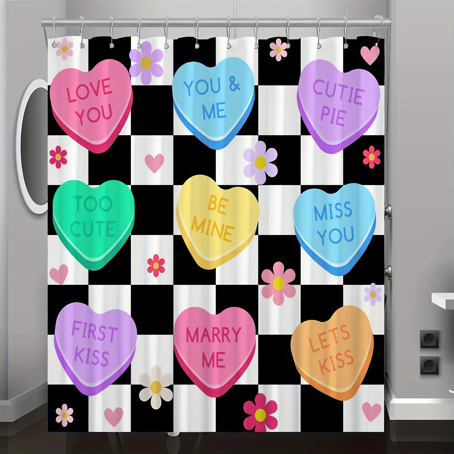 

Valentine's Day Candy Heart Shower Curtain Checkerboard Pattern with Love Messages Waterproof Polyester Bath Curtain with Hooks
