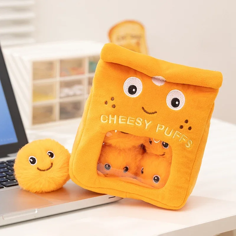 

Cute Cheesy Puffs Snack Bag Plush Toy Soft Stuffed Bag with 4 Mini Yellow Puff Balls Lovely Plushies Birthday Gift Room Decor