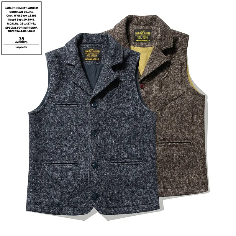 

OKONKWO retro British style coarse flower wool vest thick double layer multi-pocket suit collar vest Ami Khaki